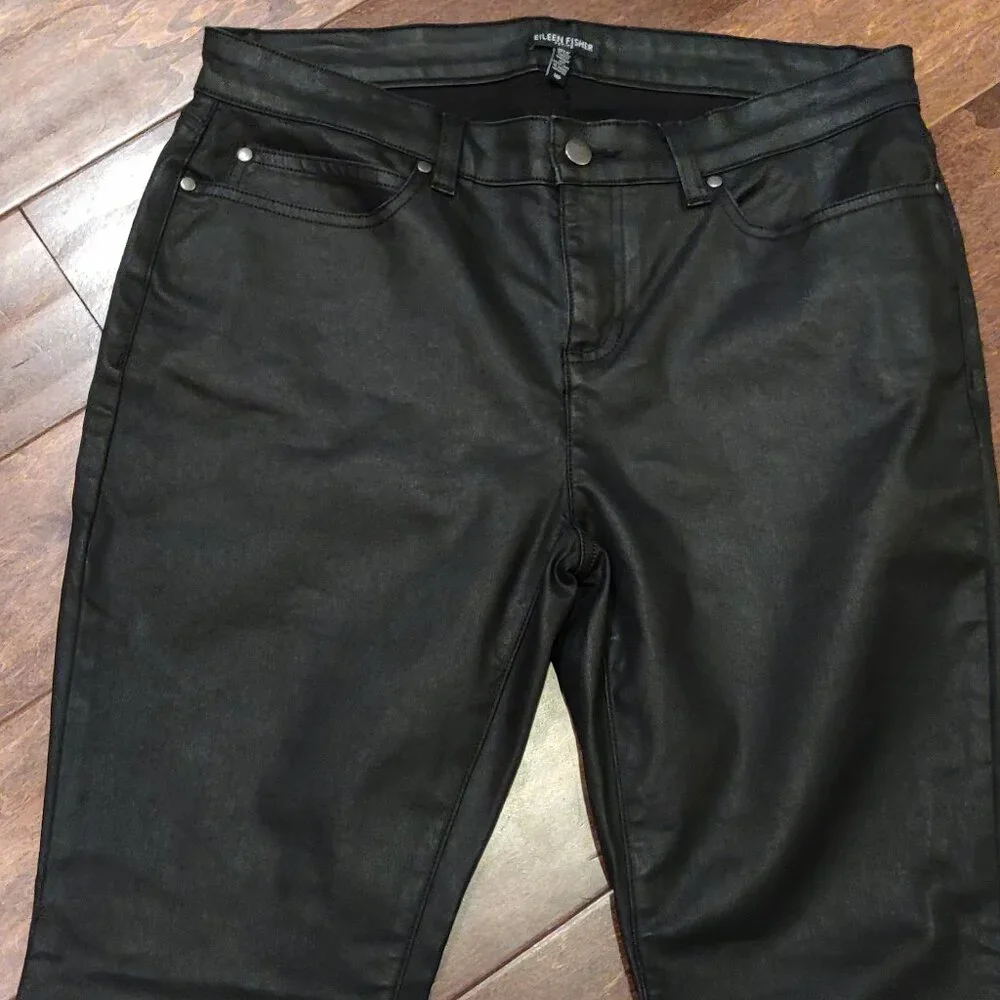 Eileen Fisher Black Waxed Stretch Skinny Jeans SIZE 14 PETITE